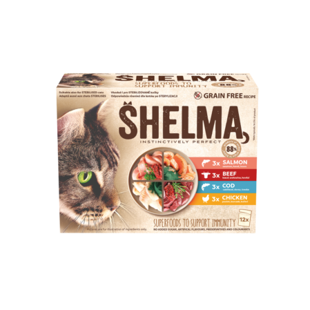  Kassieine Shelma 12x85g liha,kala (lõhe,tursk,veis,kana) 